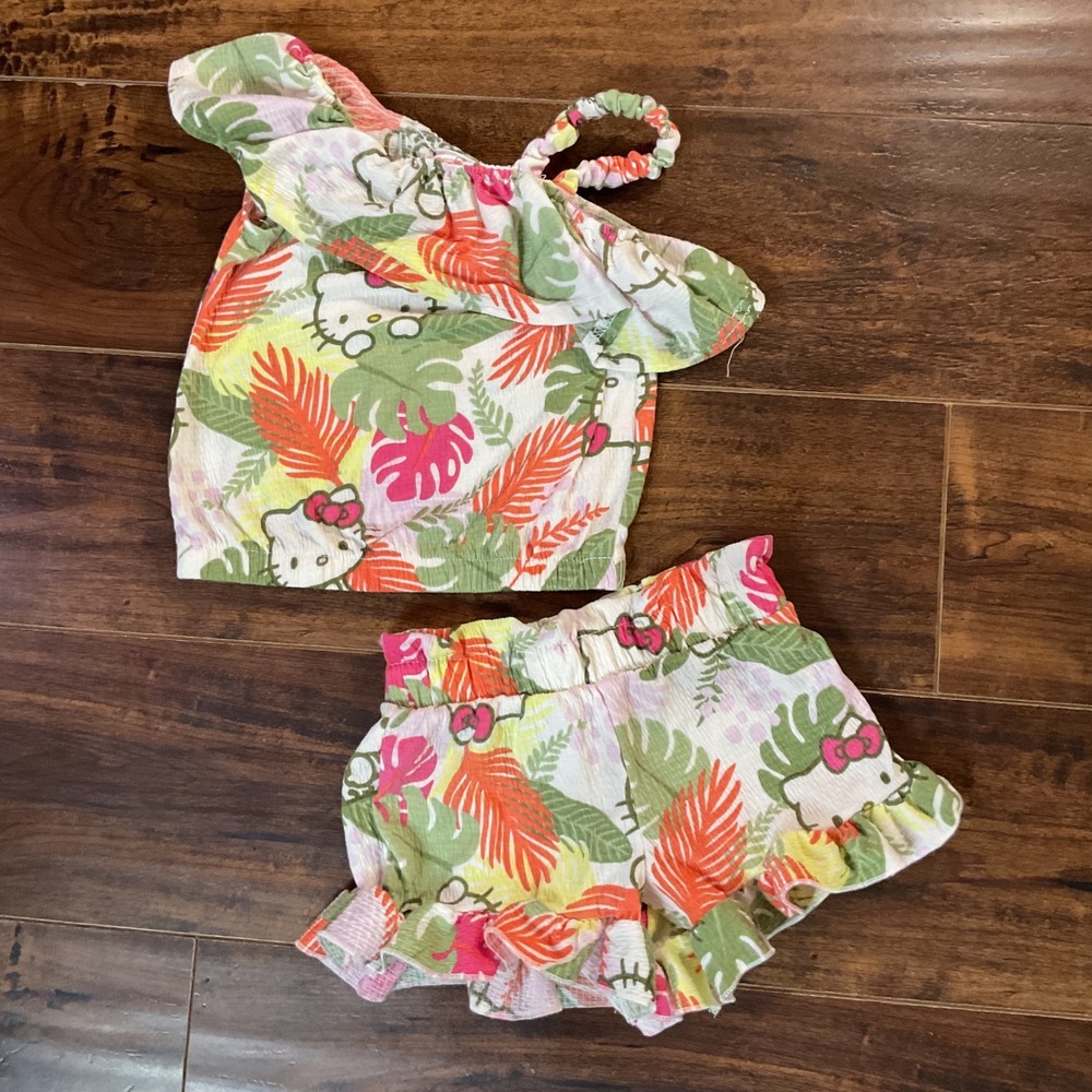 Hello Kitty Sanrio Girls One Shoulder Ruffle Top and Shorts Set Tropical Size 4
